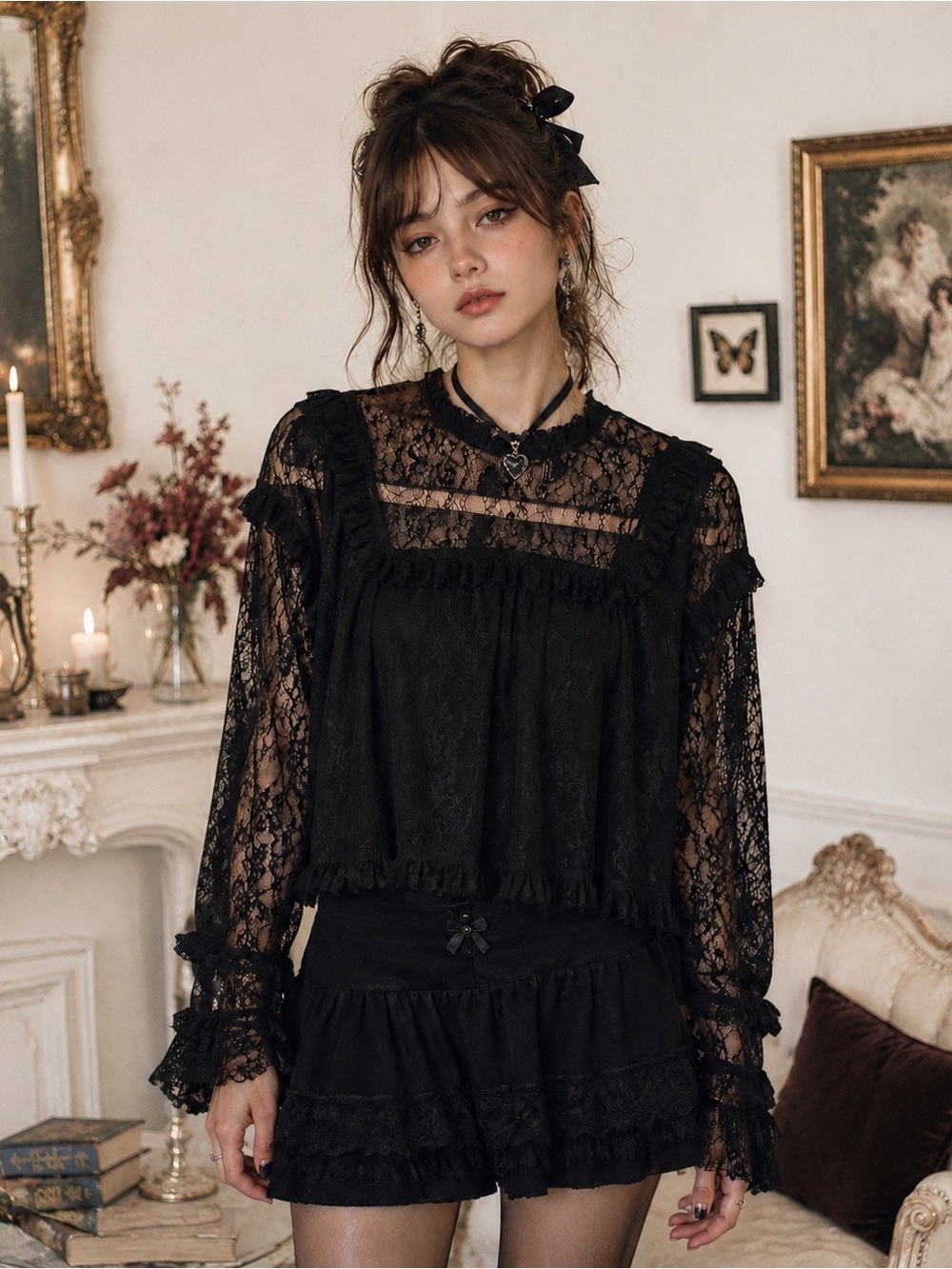 Forever 21 Black Lace Ruffle Sheer Gothic Victorian Top Blouse Women’s Small